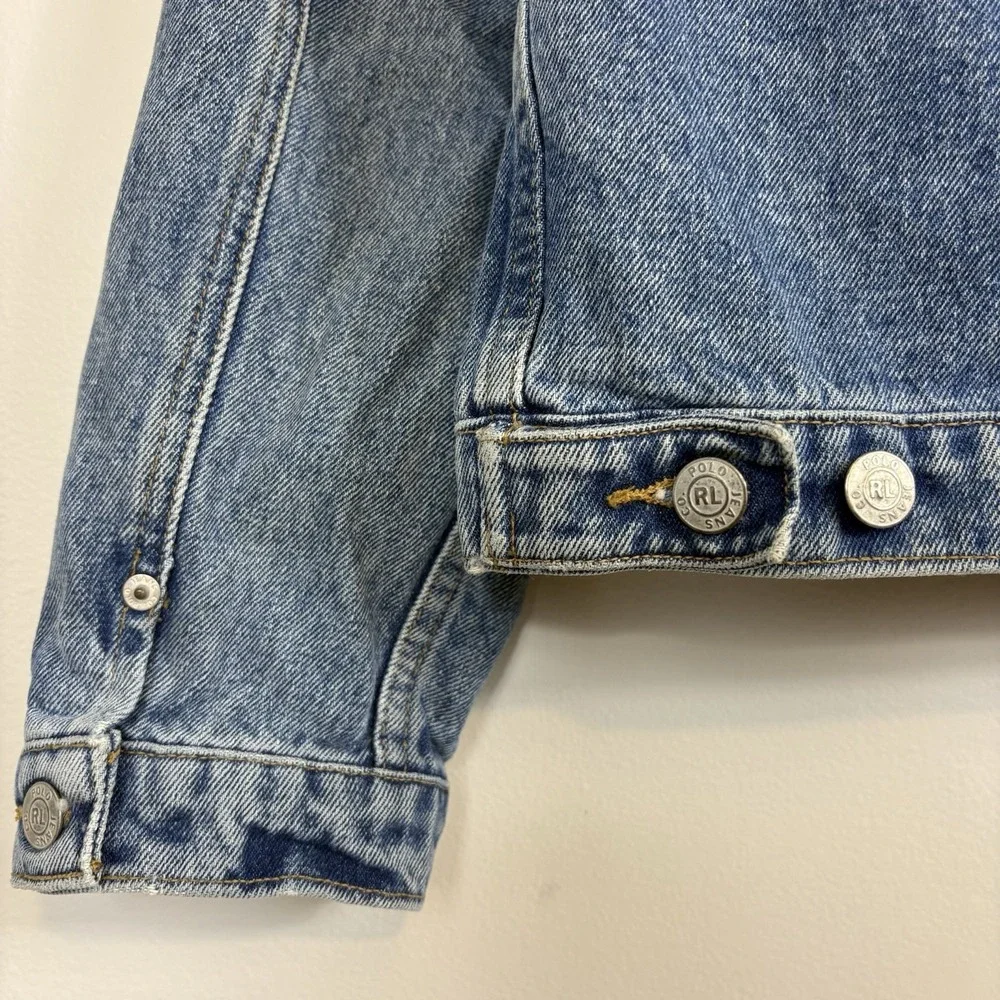 Vtg Ralph Lauren Polo Jeans Co Denim Jacket American Flag Patch Womens Sz L USA - Picture 12 of 14
